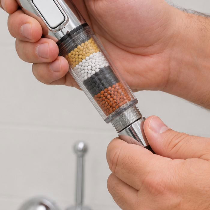 Screwing the AqualisPure filtered shower head onto the hose