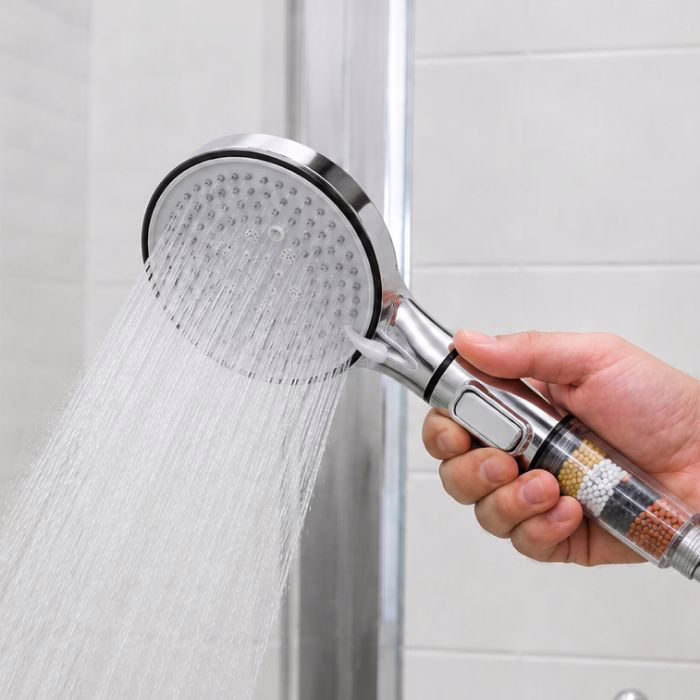 First rinse of the filtered shower head